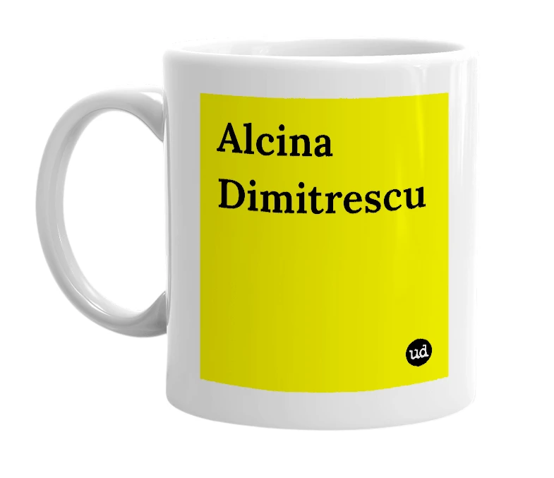 White mug with 'Alcina Dimitrescu' in bold black letters