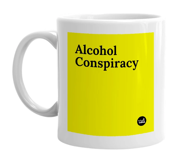 White mug with 'Alcohol Conspiracy' in bold black letters