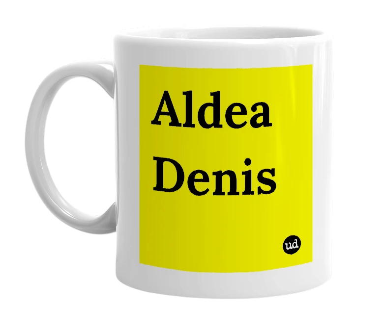 White mug with 'Aldea Denis' in bold black letters