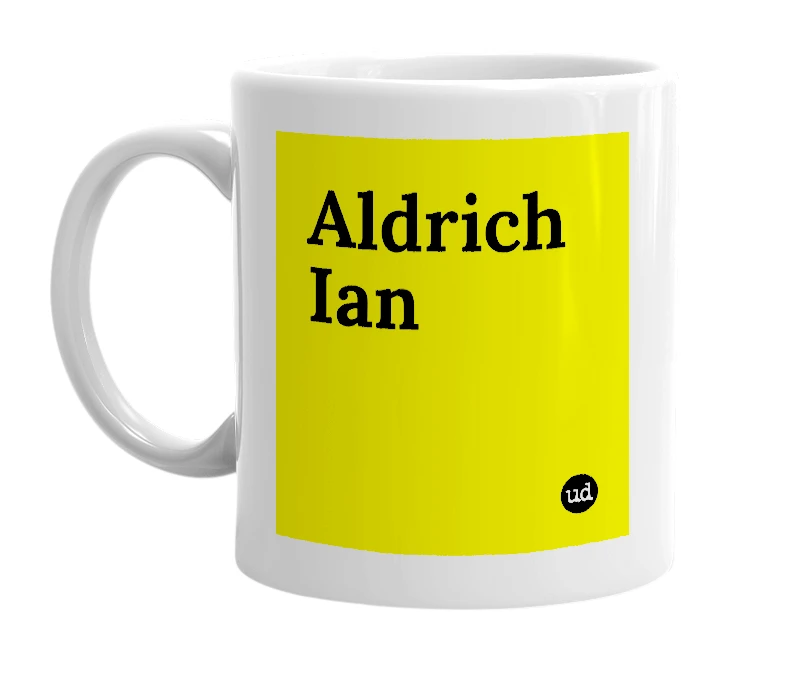 White mug with 'Aldrich Ian' in bold black letters