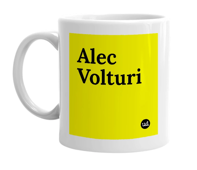 White mug with 'Alec Volturi' in bold black letters