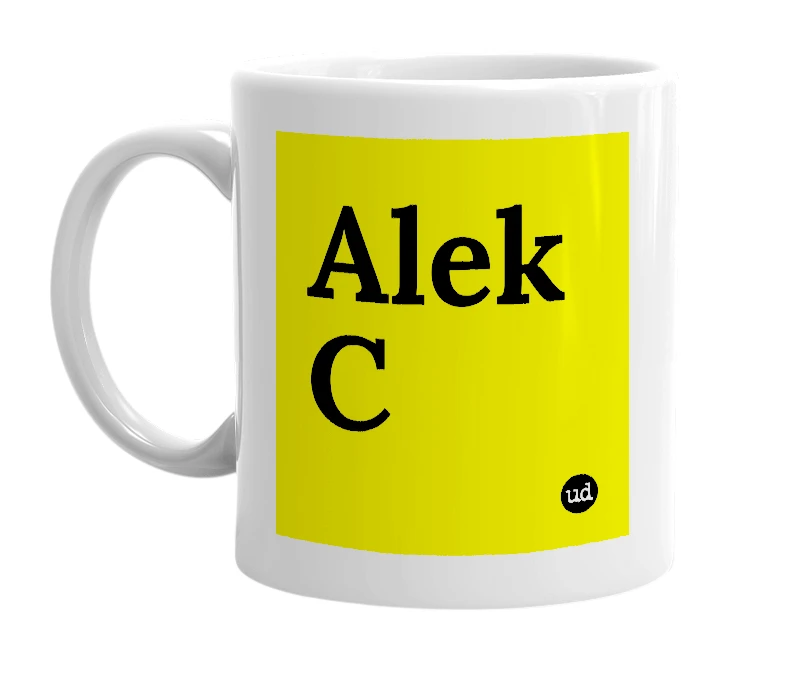 White mug with 'Alek C' in bold black letters