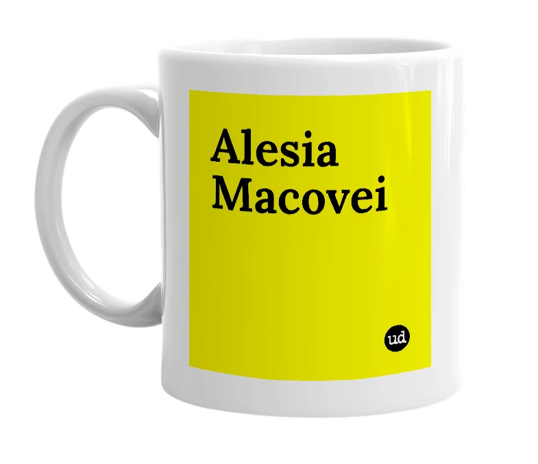 White mug with 'Alesia Macovei' in bold black letters