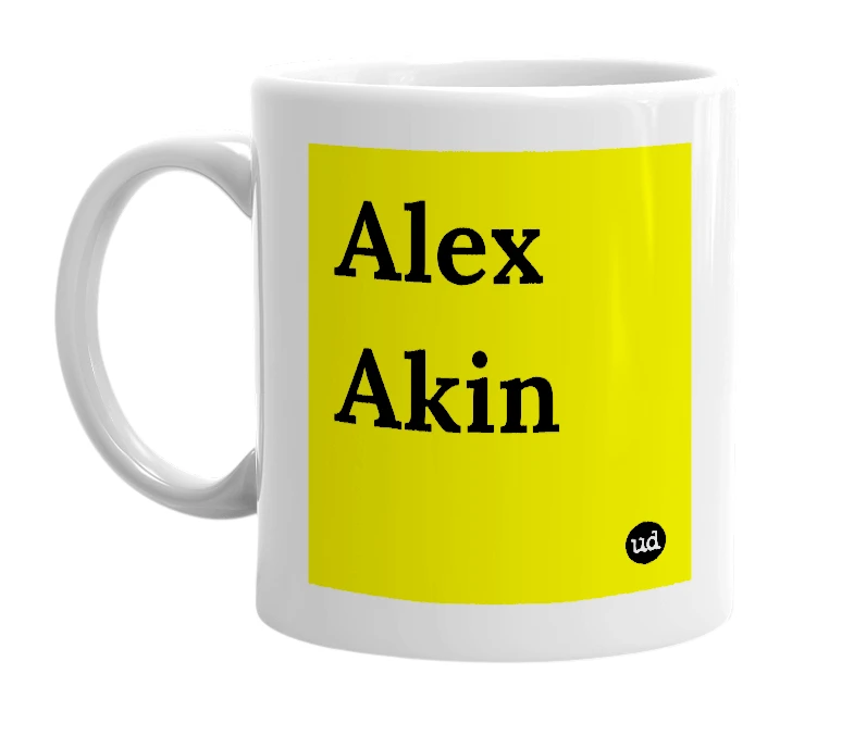 White mug with 'Alex Akin' in bold black letters