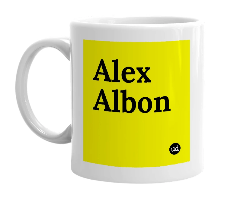 White mug with 'Alex Albon' in bold black letters