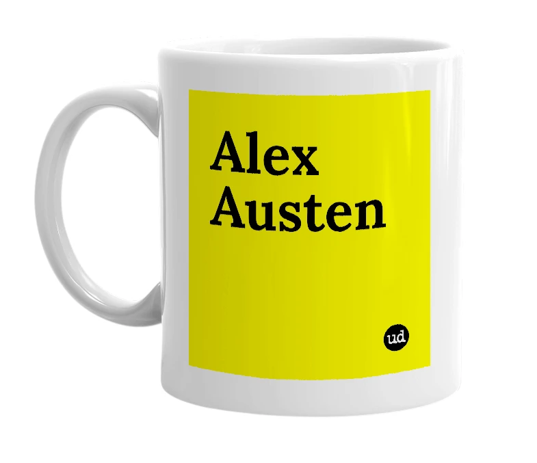 White mug with 'Alex Austen' in bold black letters