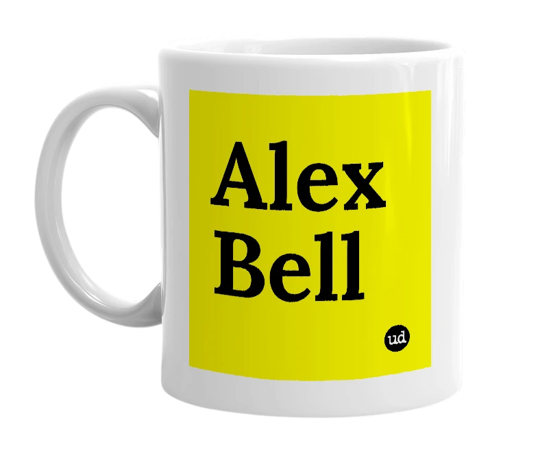 White mug with 'Alex Bell' in bold black letters