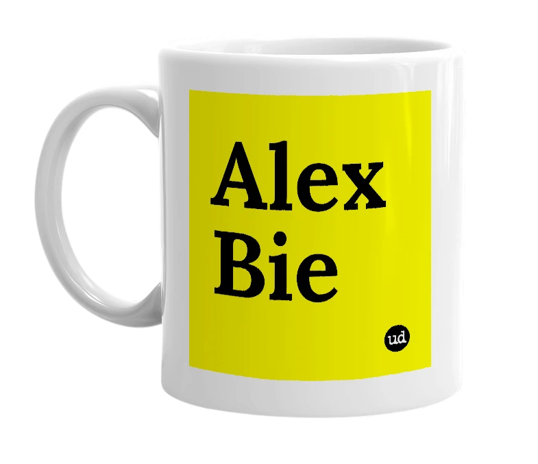 White mug with 'Alex Bie' in bold black letters