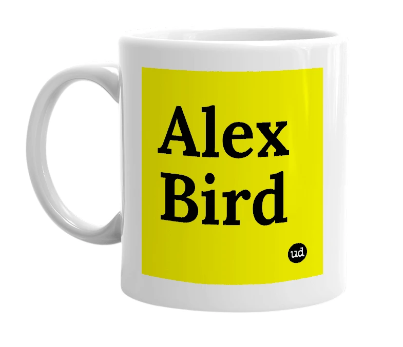 White mug with 'Alex Bird' in bold black letters