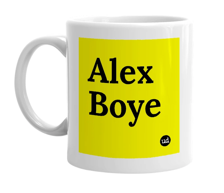 White mug with 'Alex Boye' in bold black letters