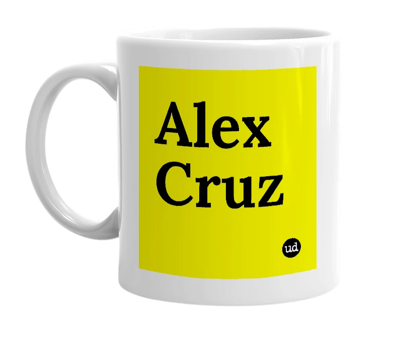 White mug with 'Alex Cruz' in bold black letters