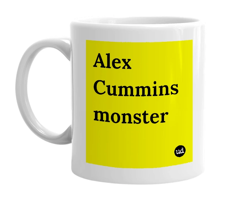 White mug with 'Alex Cummins monster' in bold black letters