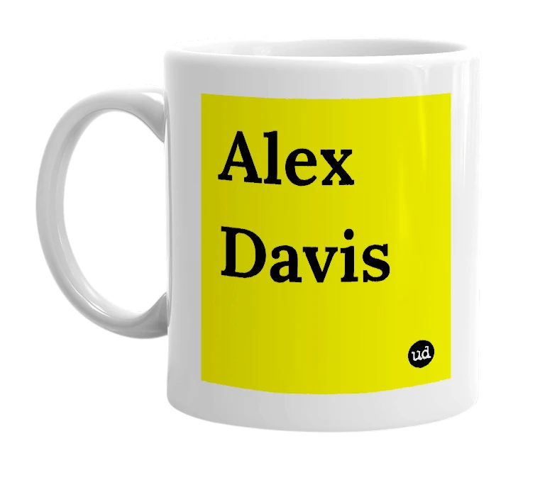 White mug with 'Alex Davis' in bold black letters