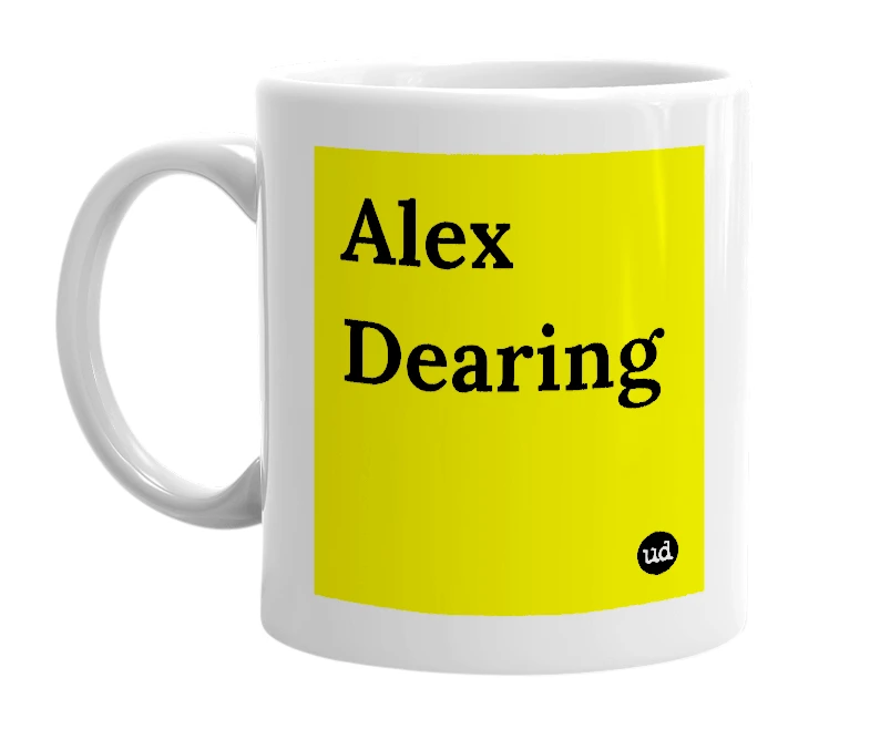 White mug with 'Alex Dearing' in bold black letters