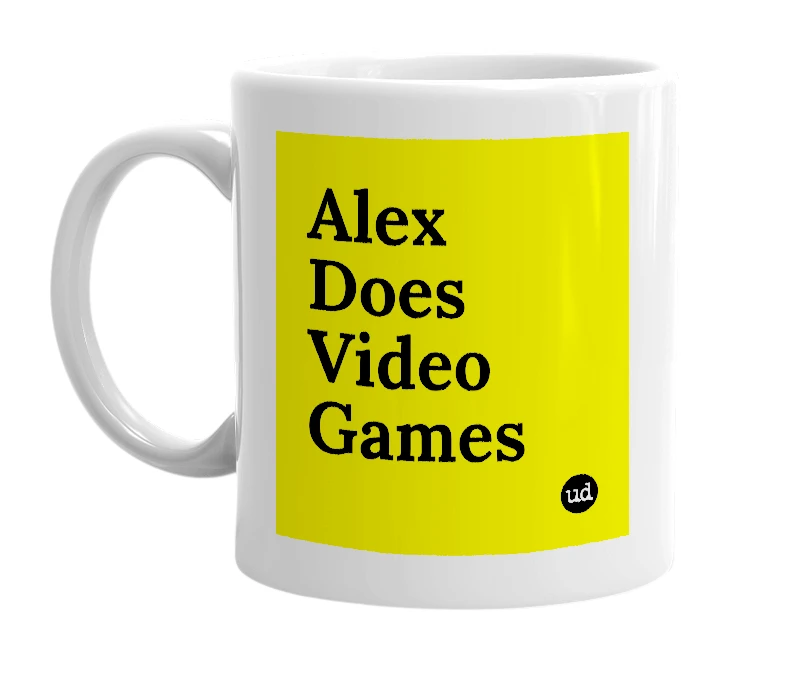 White mug with 'Alex Does Video Games' in bold black letters