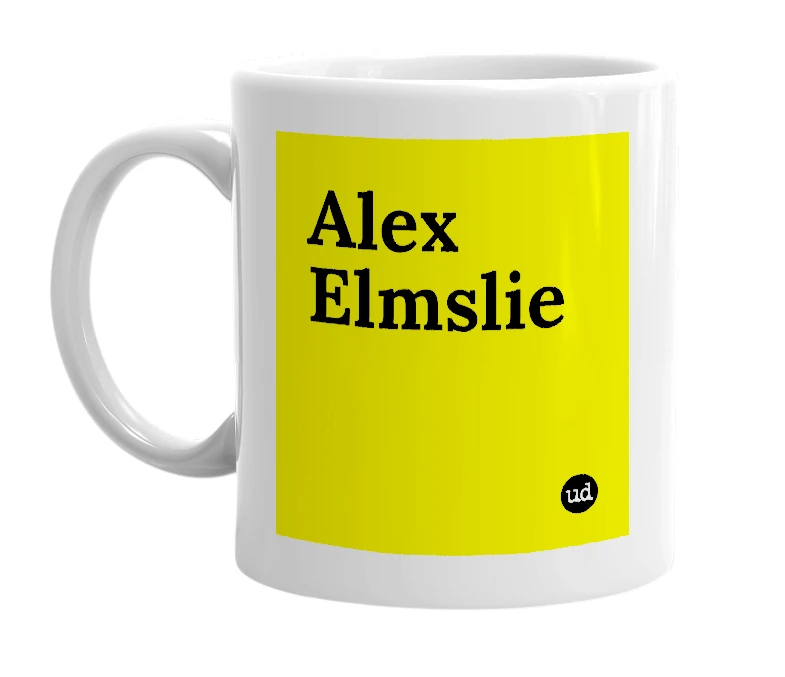 White mug with 'Alex Elmslie' in bold black letters