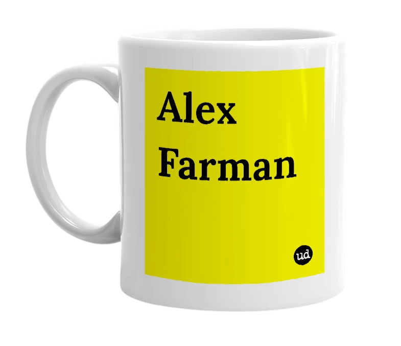White mug with 'Alex Farman' in bold black letters