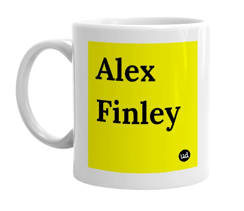 White mug with 'Alex Finley' in bold black letters