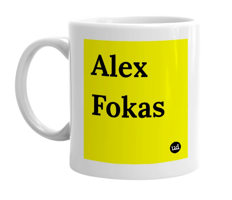 White mug with 'Alex Fokas' in bold black letters