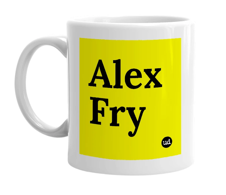 White mug with 'Alex Fry' in bold black letters