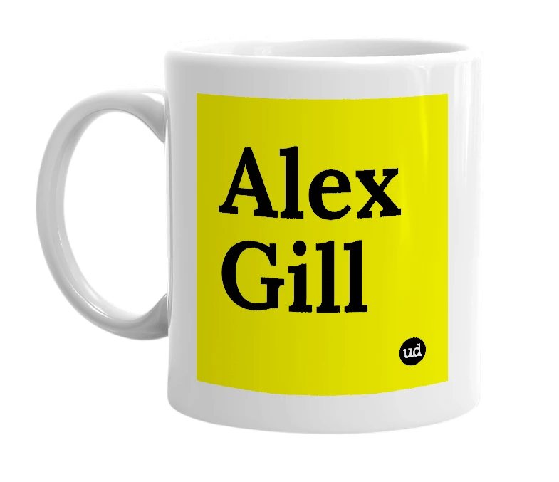 White mug with 'Alex Gill' in bold black letters