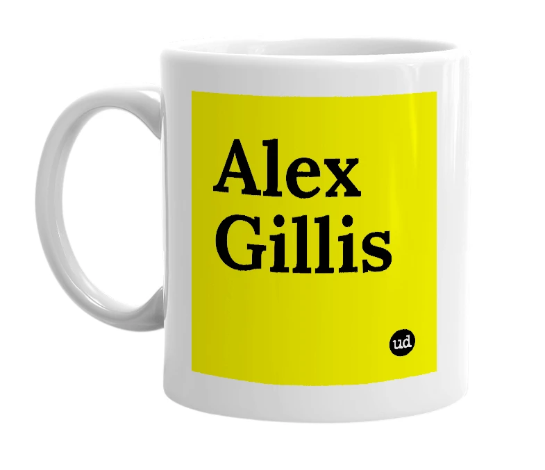 White mug with 'Alex Gillis' in bold black letters