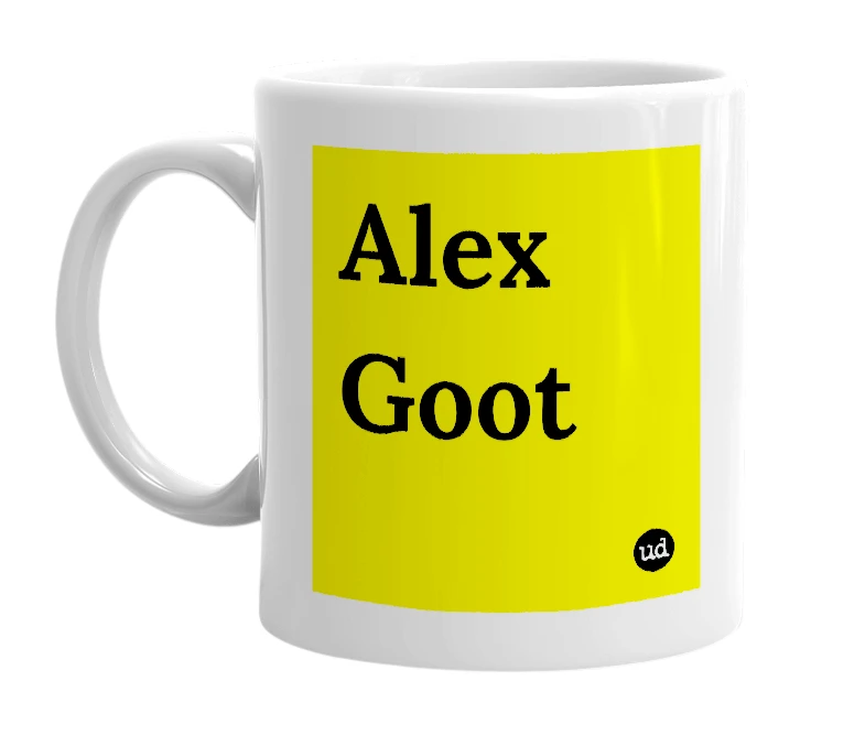 White mug with 'Alex Goot' in bold black letters