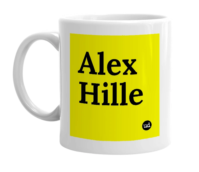 White mug with 'Alex Hille' in bold black letters