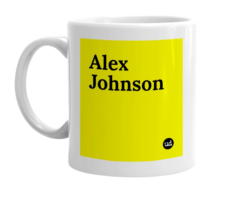 White mug with 'Alex Johnson' in bold black letters