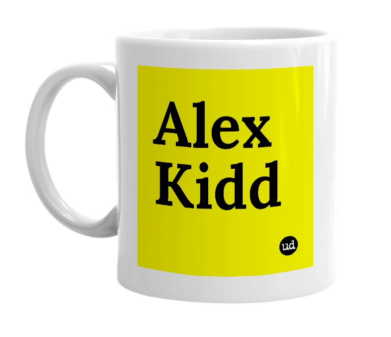 White mug with 'Alex Kidd' in bold black letters