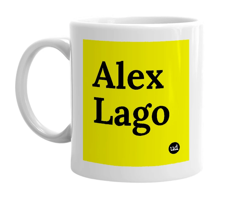 White mug with 'Alex Lago' in bold black letters