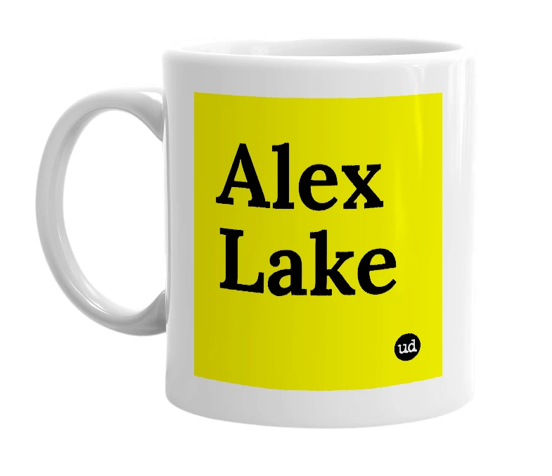 White mug with 'Alex Lake' in bold black letters