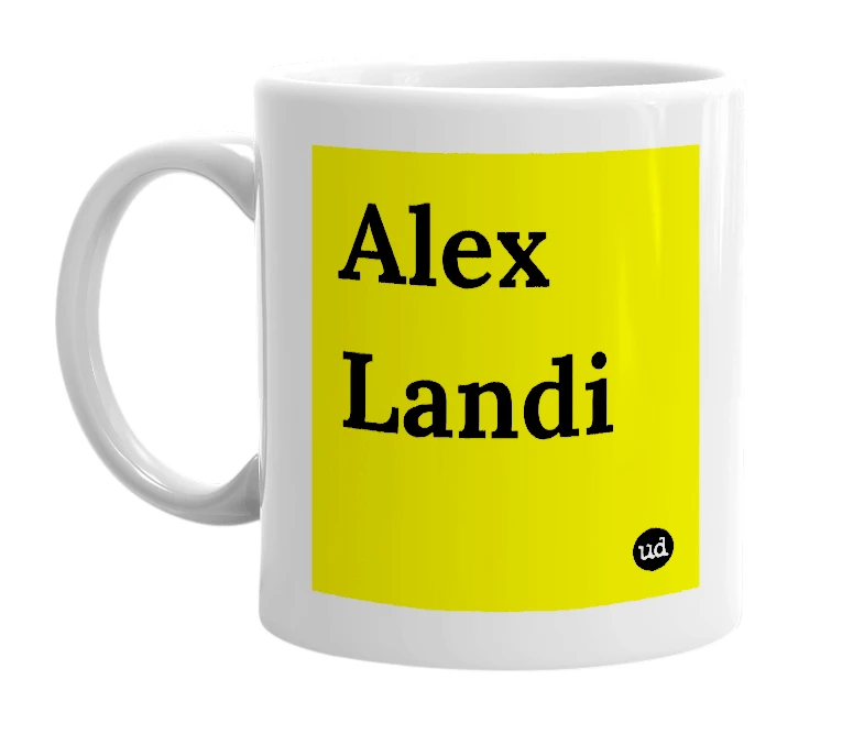White mug with 'Alex Landi' in bold black letters