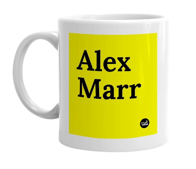 White mug with 'Alex Marr' in bold black letters