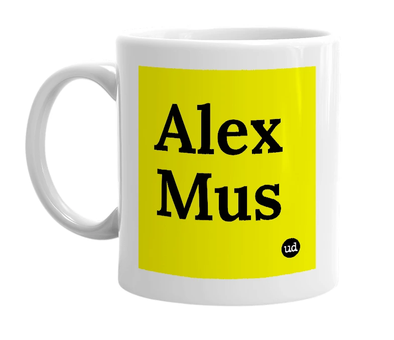 White mug with 'Alex Mus' in bold black letters