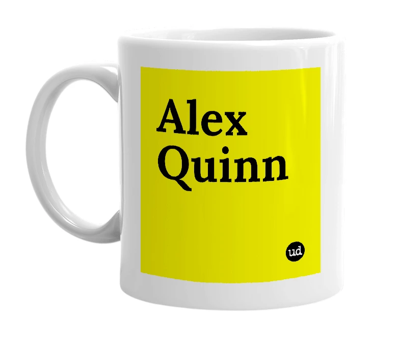 White mug with 'Alex Quinn' in bold black letters