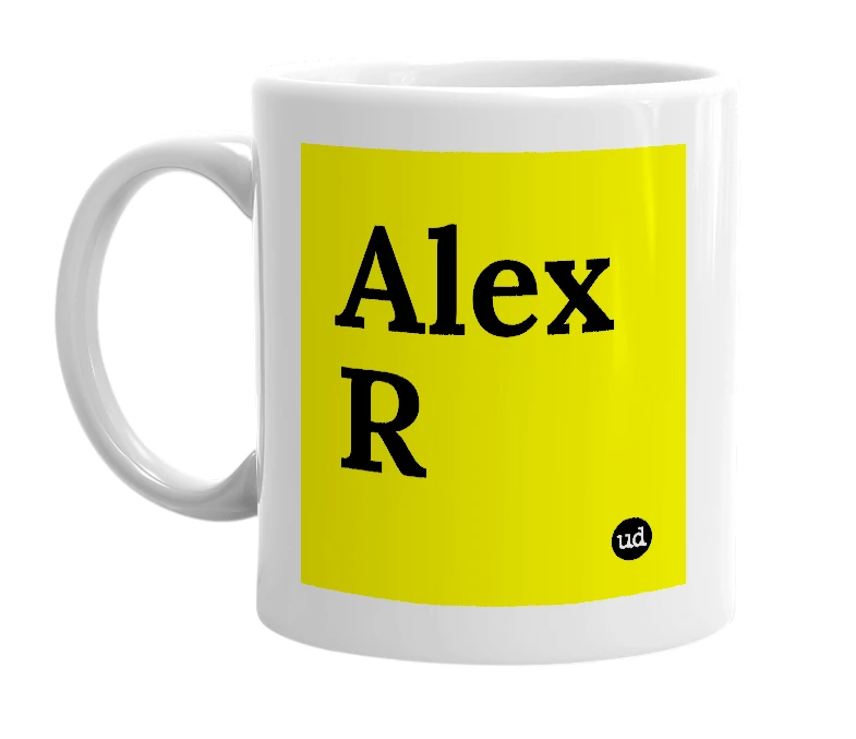 White mug with 'Alex R' in bold black letters