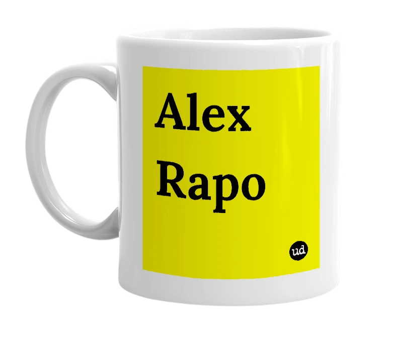White mug with 'Alex Rapo' in bold black letters