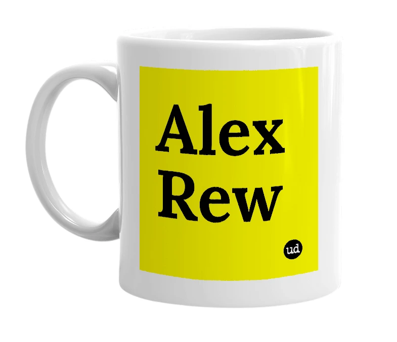 White mug with 'Alex Rew' in bold black letters