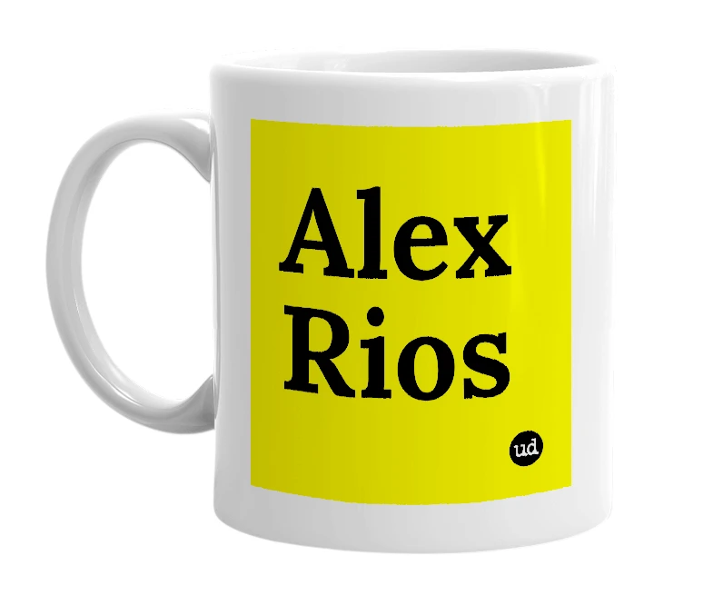 White mug with 'Alex Rios' in bold black letters