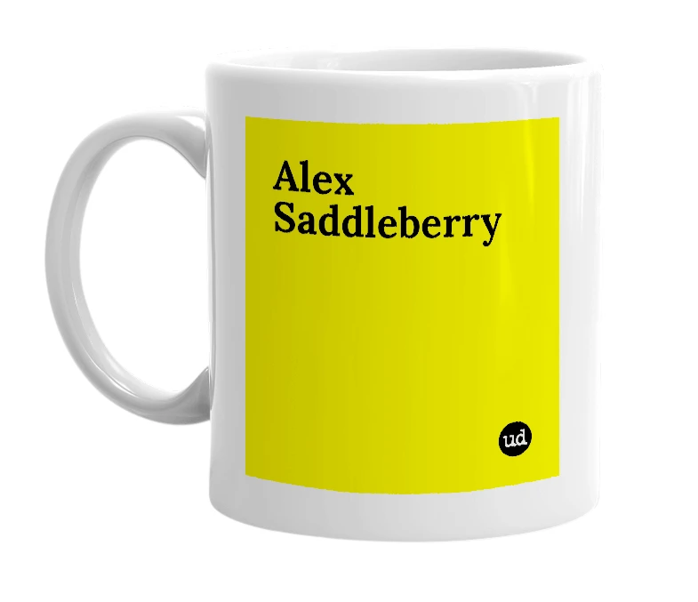 White mug with 'Alex Saddleberry' in bold black letters