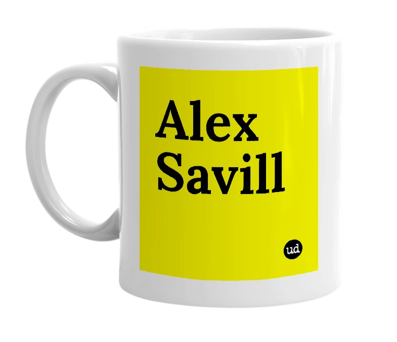 White mug with 'Alex Savill' in bold black letters