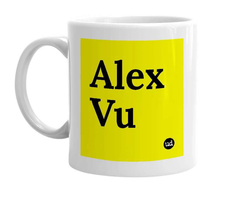 White mug with 'Alex Vu' in bold black letters