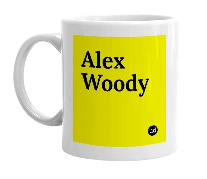 White mug with 'Alex Woody' in bold black letters
