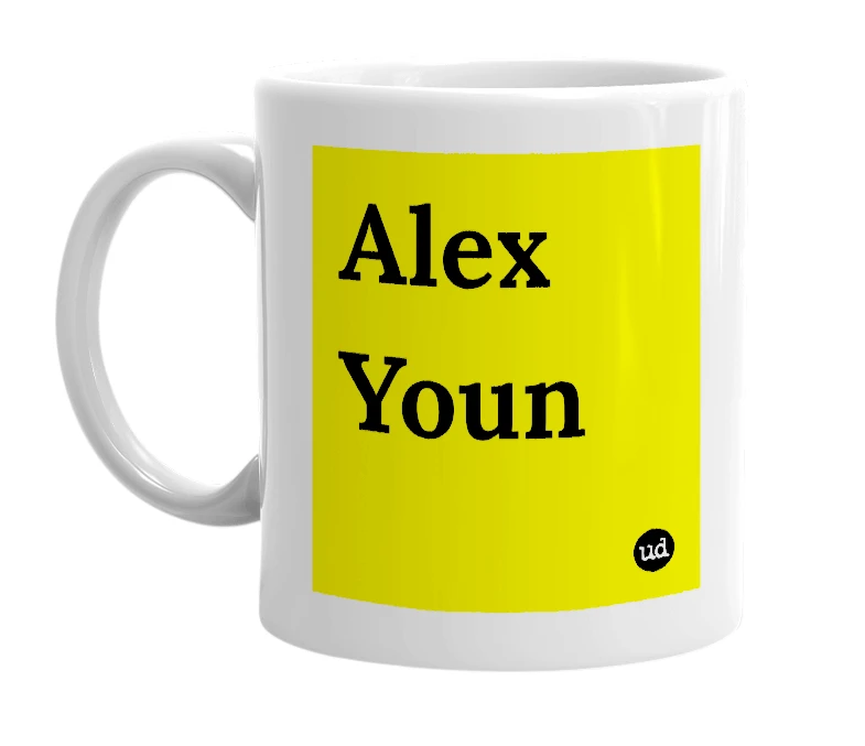 White mug with 'Alex Youn' in bold black letters