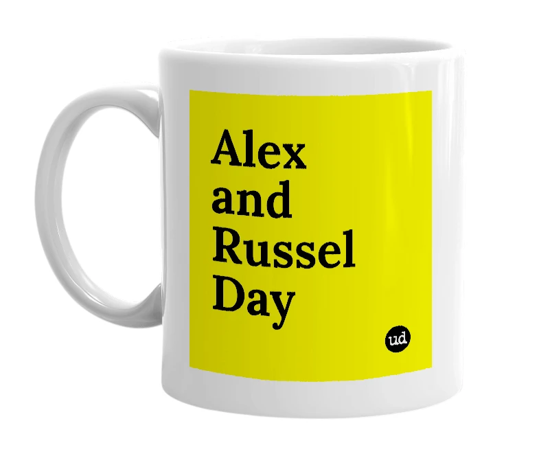 White mug with 'Alex and Russel Day' in bold black letters