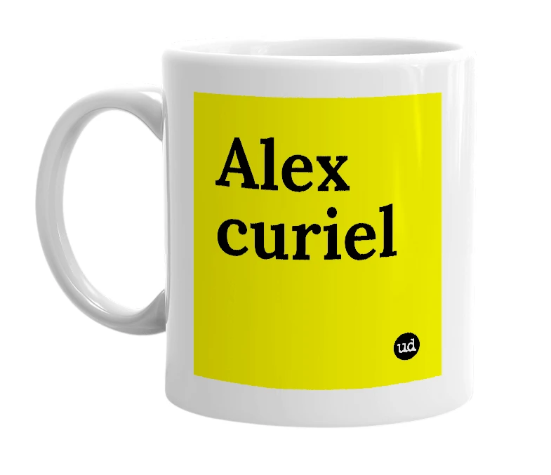 White mug with 'Alex curiel' in bold black letters