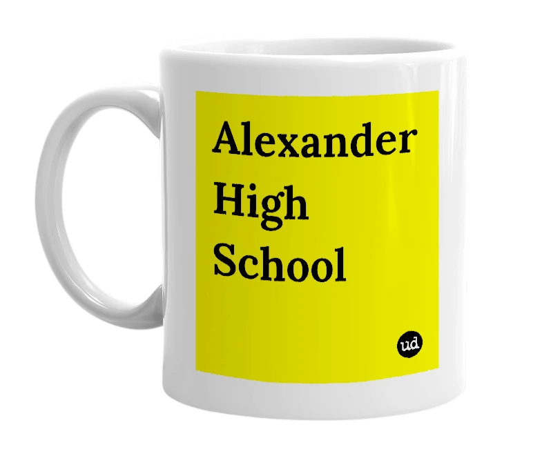 White mug with 'Alexander High School' in bold black letters