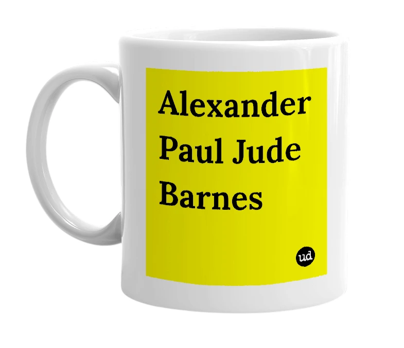 White mug with 'Alexander Paul Jude Barnes' in bold black letters