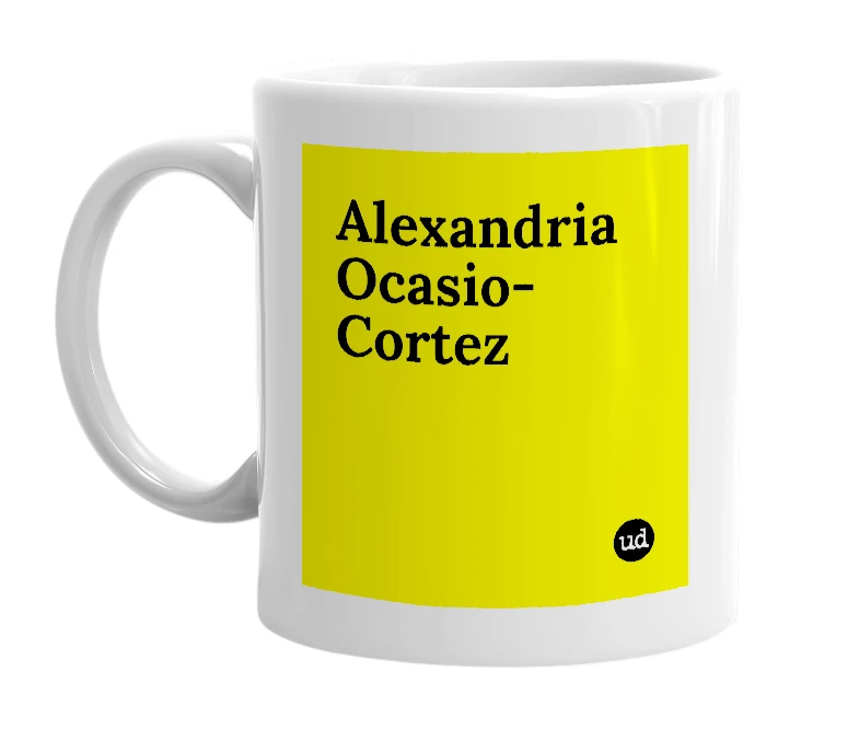 White mug with 'Alexandria Ocasio-Cortez' in bold black letters